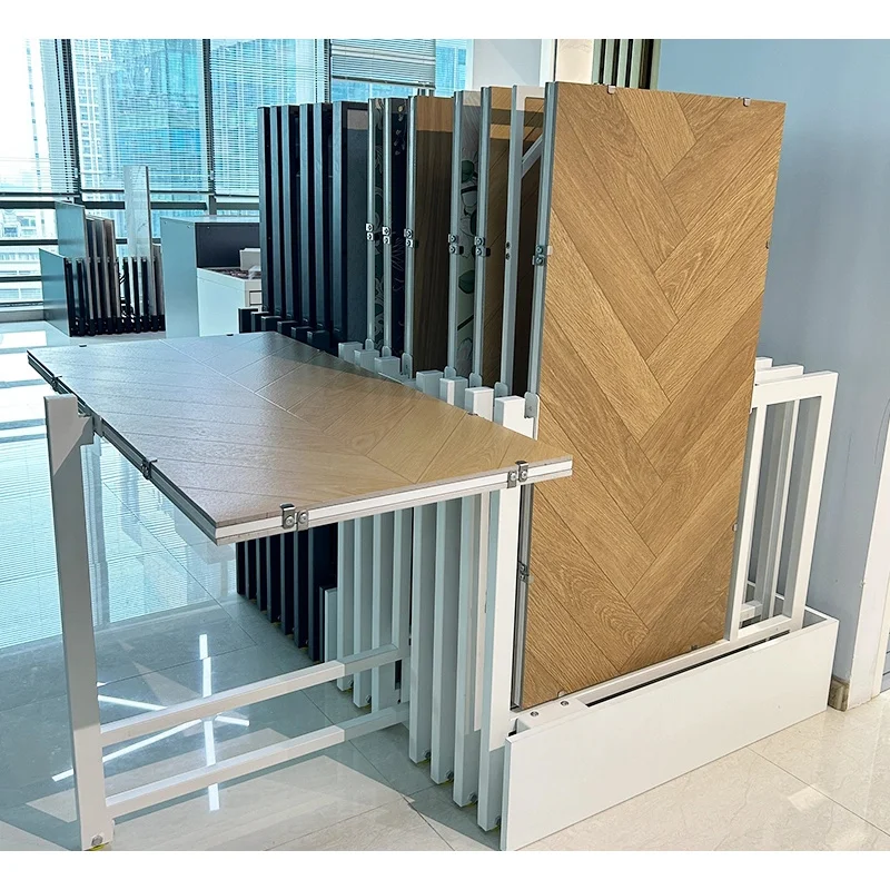 custom.Customized Modern Pull-Out Metal Tile Display Rack Stone Sliding Store Showroom Display