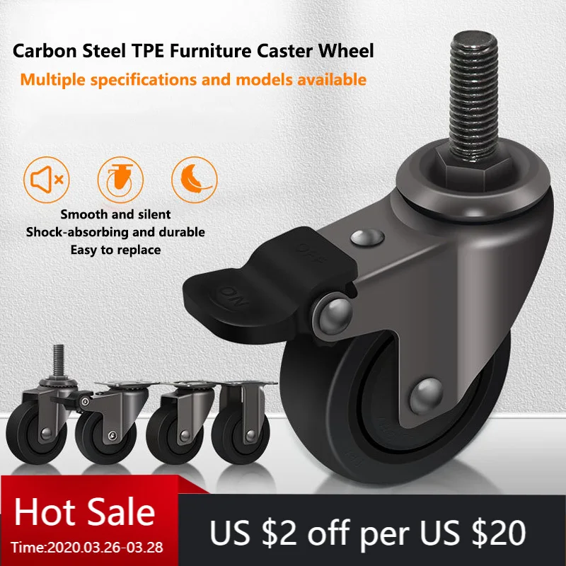 

4Pcs/Lot 1.25 Inch M6/M8 Threaded Universal Furniture Caster Wheels | Silent Rubber Wheels with Brake for Furniture