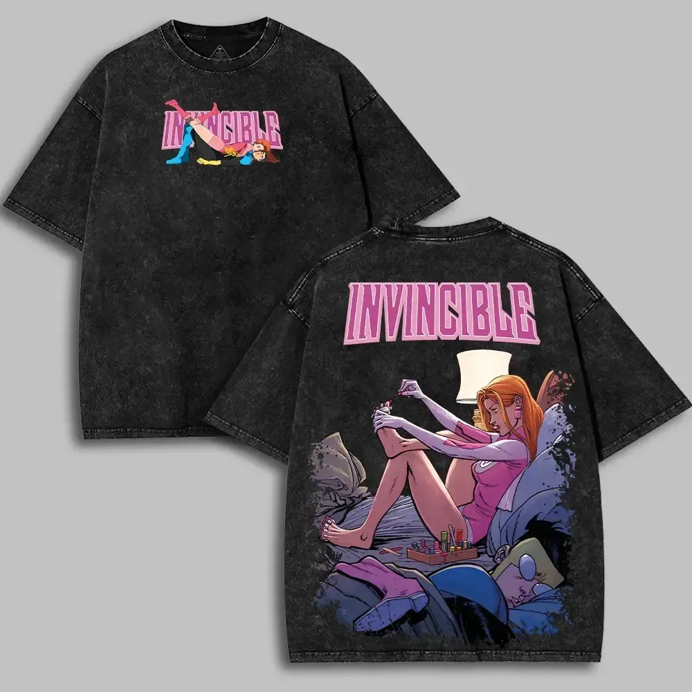 Invincible Atom Eve Anime T-shirt Vintage Y2k Washed Tee Tops Summer Short Sleeve Pure Cotton Tshirt For Men Women Clothing