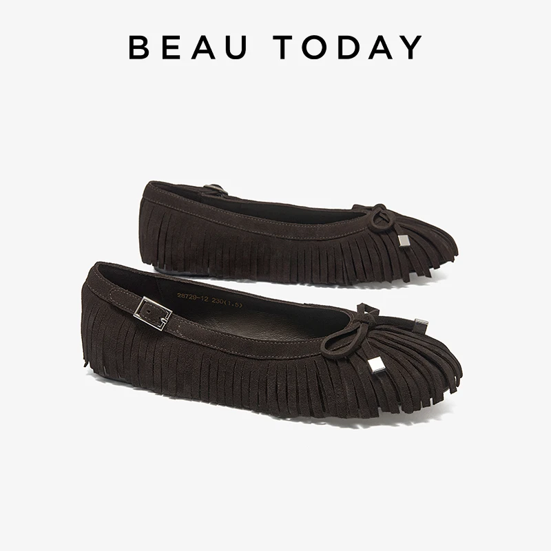 BEAUTODAY Casual Flats Shoes Women Cow suede Leather Round Toe Tassel Slip-on Ballet Ladies Shoes Handmade 28729