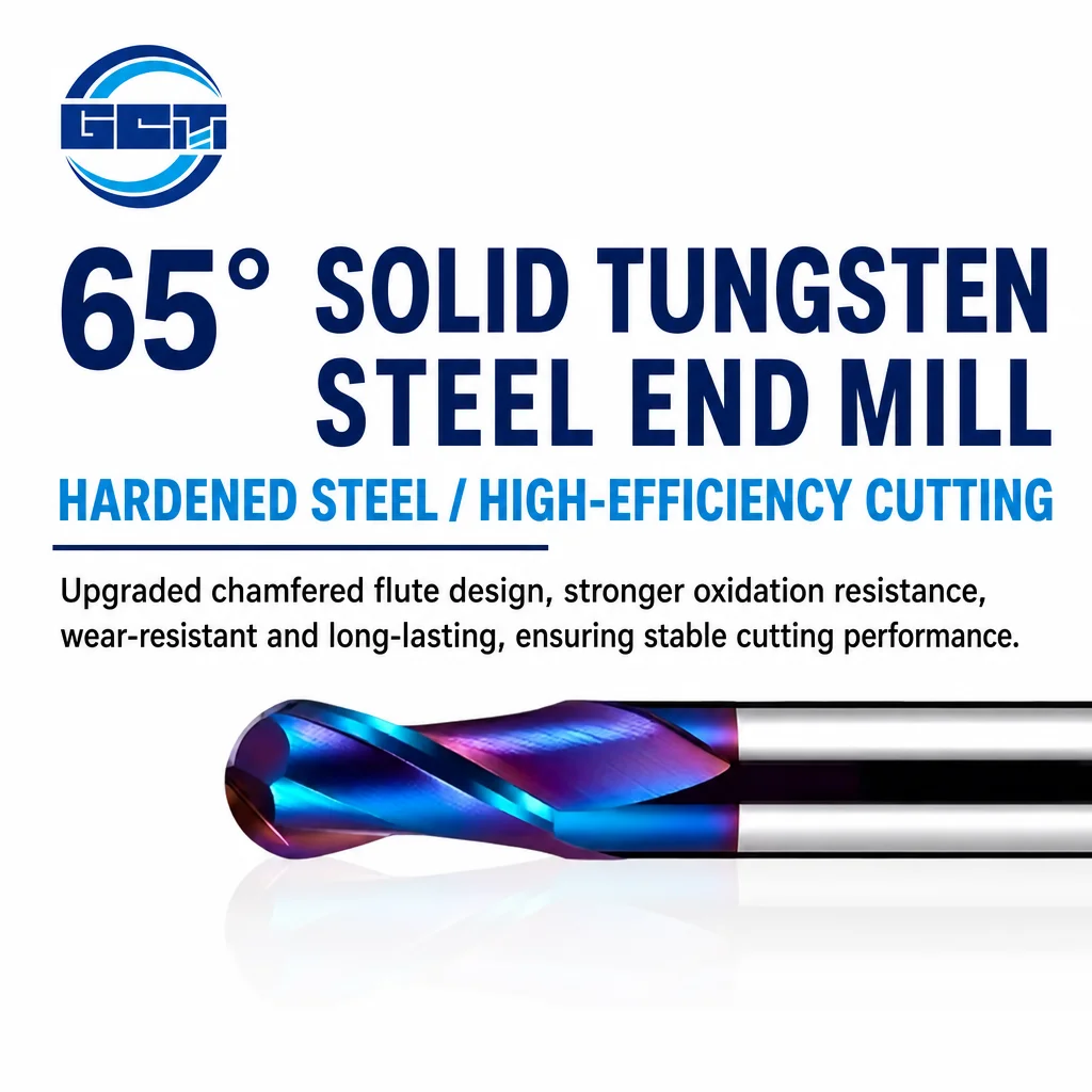 Solid carbide 2-flute ball nose end mill (65 HRC) for semi-finishing and finishing curved surfaces on high-hardness steel