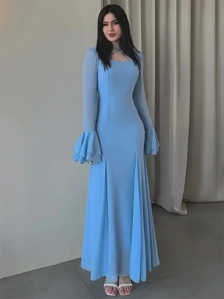 

Fashion Autumn Ruffled Long Dress Women Bandage Slim High Waist Elegant Patchwork Party Dress Women's Chiffon Maxi Dress