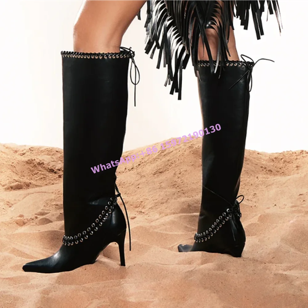 

Solid Hollow Wide Calf Boots Pointy Toe Thin Heels Slip On Lace Up Runway Shoes Ladies Sexy Concise Leisure Street Style Shoes