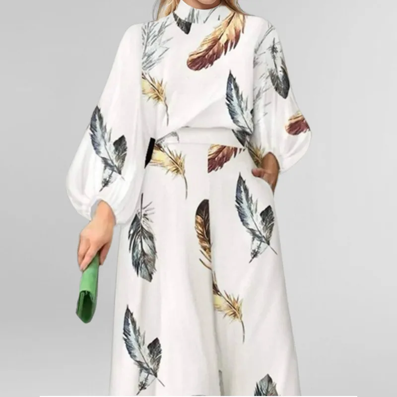 Fashion Romper Women 2024 Autumn New Printed Lantern Sleeves Long Sleeve Wide Leg Jumpsuit for Women