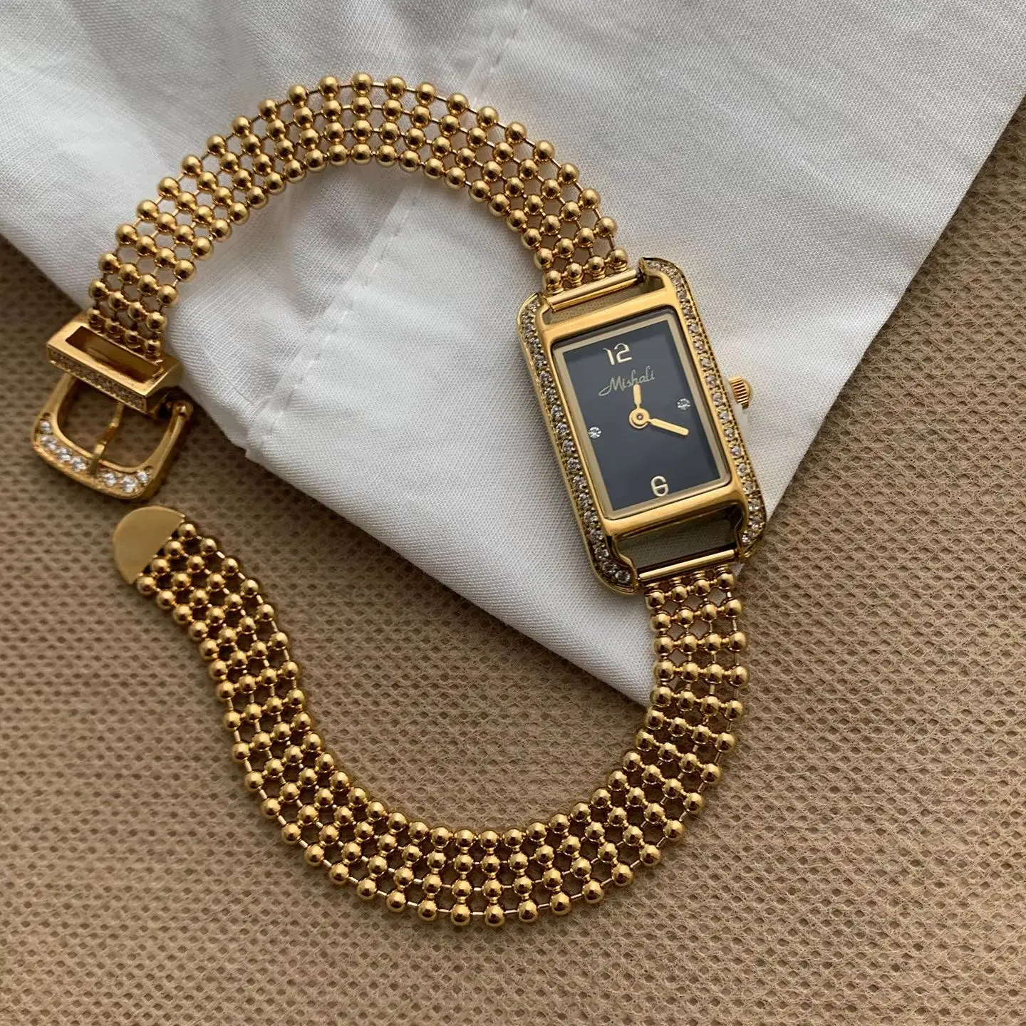 Luxury Golden Mesh Bracelet Women Watch Rectangle Black Dial Waterproof Wristwatch Elegant Ladies Quartz Watches Gift for Women