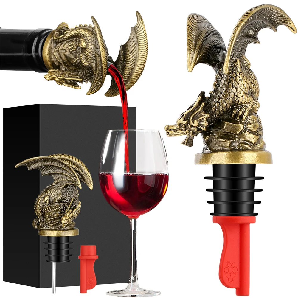 Steampunk Cool Dragon Decor 2-in-1 Wine Pourer Stopper with Red Silicone Stoppers Kitchen Party Bar Drinks Fresh-Keeping Plug
