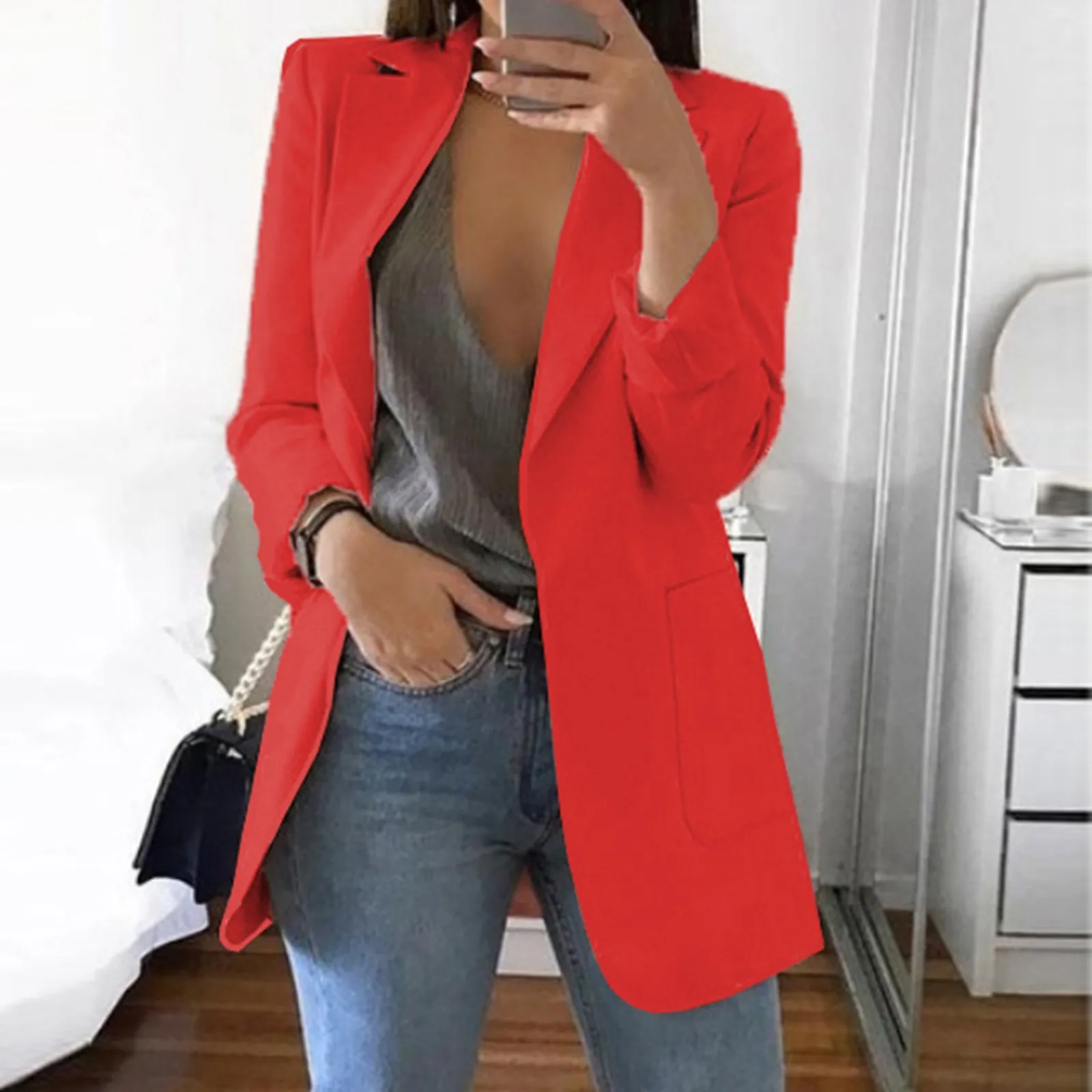 Winter Women\'s Light Slim Medium-Length Jacket Long Sleeve Pockets Business Jacket Ladies Fashionable Lapel Casual Suit Jacket