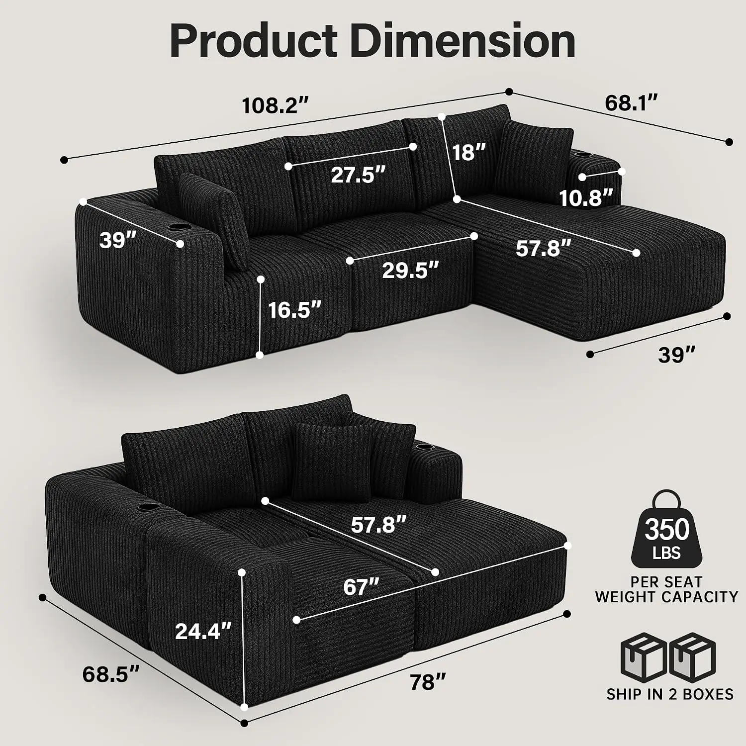 Modular L-Shaped Corduroy Cloud Sofa, No Assembly Required, Customized