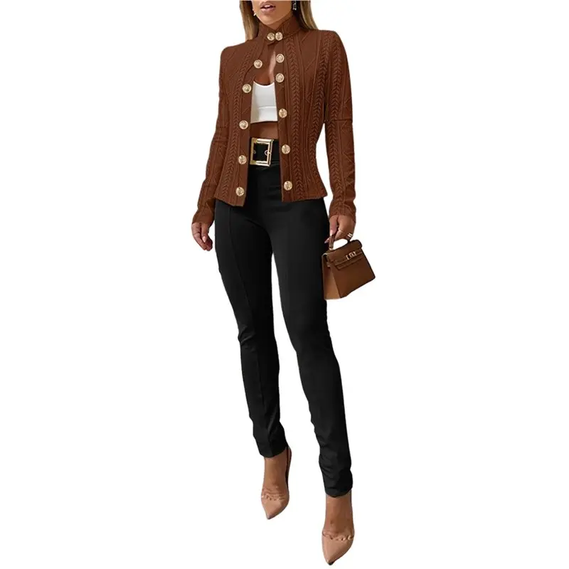 

【FLASH DEAL】Women Argyle Cable Cardigan Light-Weight Cropped Coat Stand Collar Long Sleeve Metal Button Fall Jackets