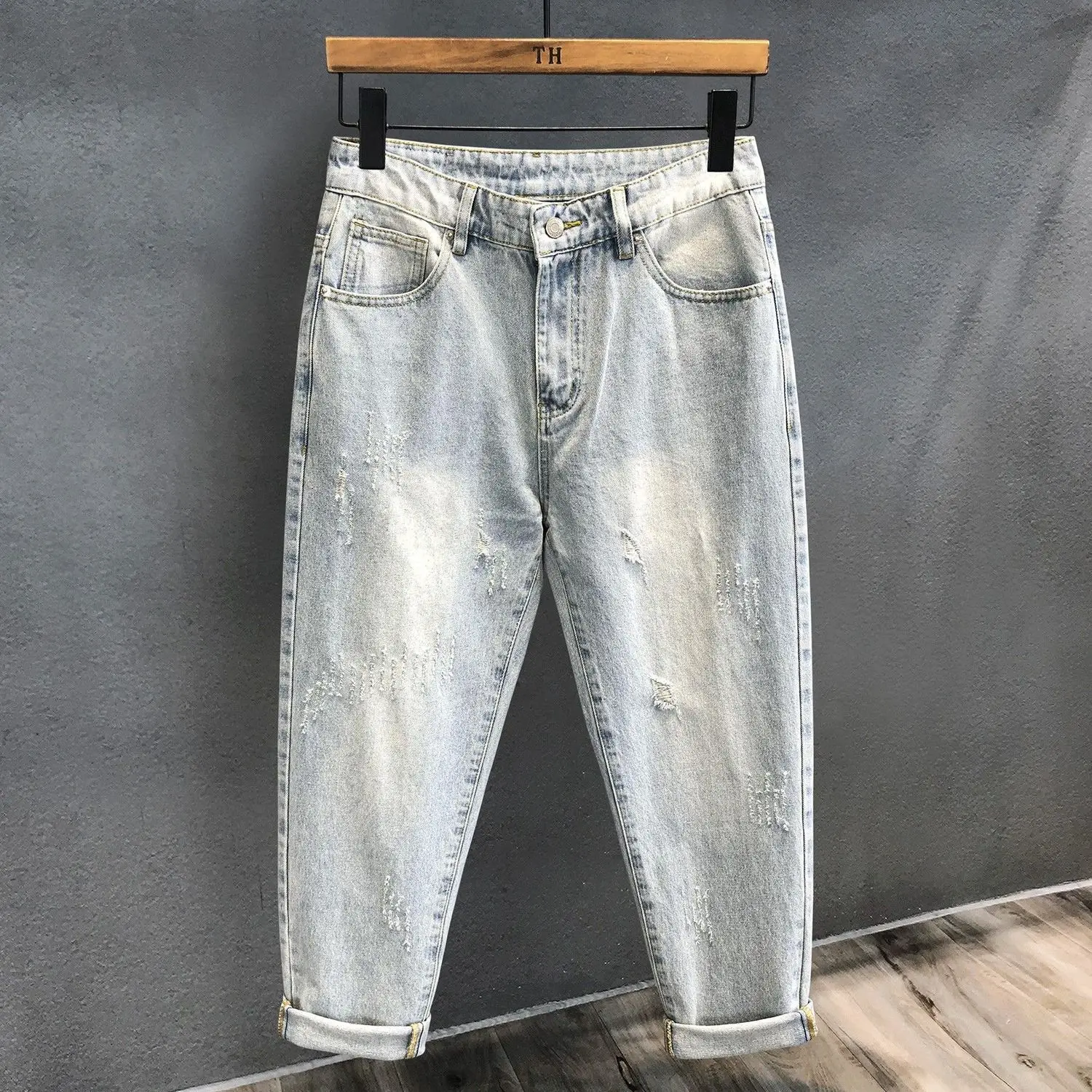 하이 엔드 레트로 스크래치 워시드 Ruffian Handsome Washed Ripped Jeans 남성 여름 얇은 테이퍼드 스몰 스트레이트 팬츠 헐렁한 옷