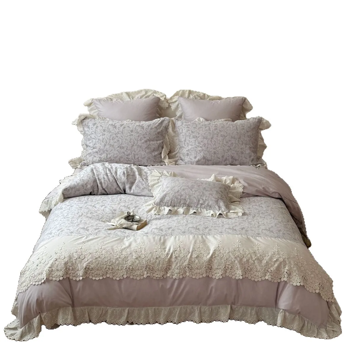 Vintage 1000-cotton long-staple cotton lace trim 4-piece set, vintage style dyed jacquard pure cotton duvet cover, bed sheet
