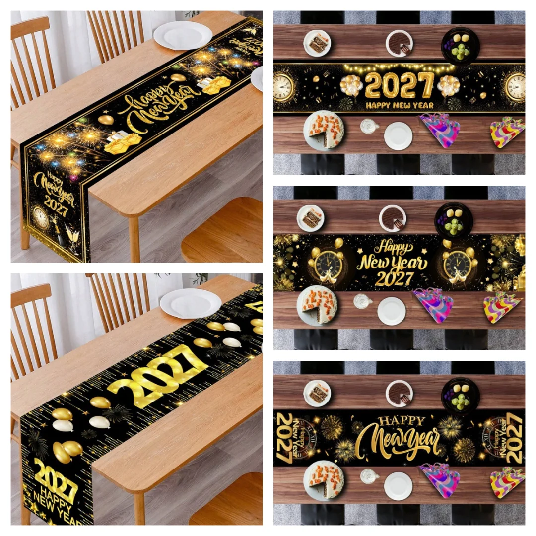 2027 Happy New Year Table Runner 35*180cm Black Gold Polyester Table Flag New Year Eve Party Dining Table Decor Festive Supplies