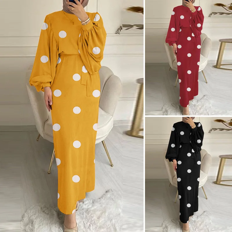 

Vintage Print Polka Dot Sundress for Women Muslim Abaya for Women Long Dress Spring Dubai Turkish Islamic Kaftan Muslim Dress