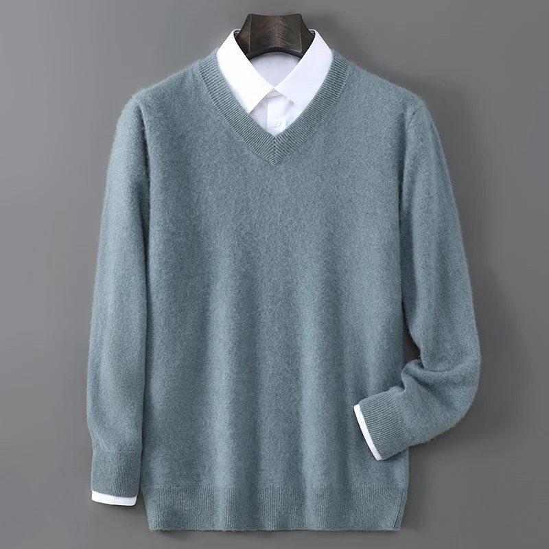 2025 Autumn Winter New Men's Wool Sweater Solid Color V-Neck Pullover Sweater Casual Loose Business Knit Plus Size Base Sweaters - Image 3