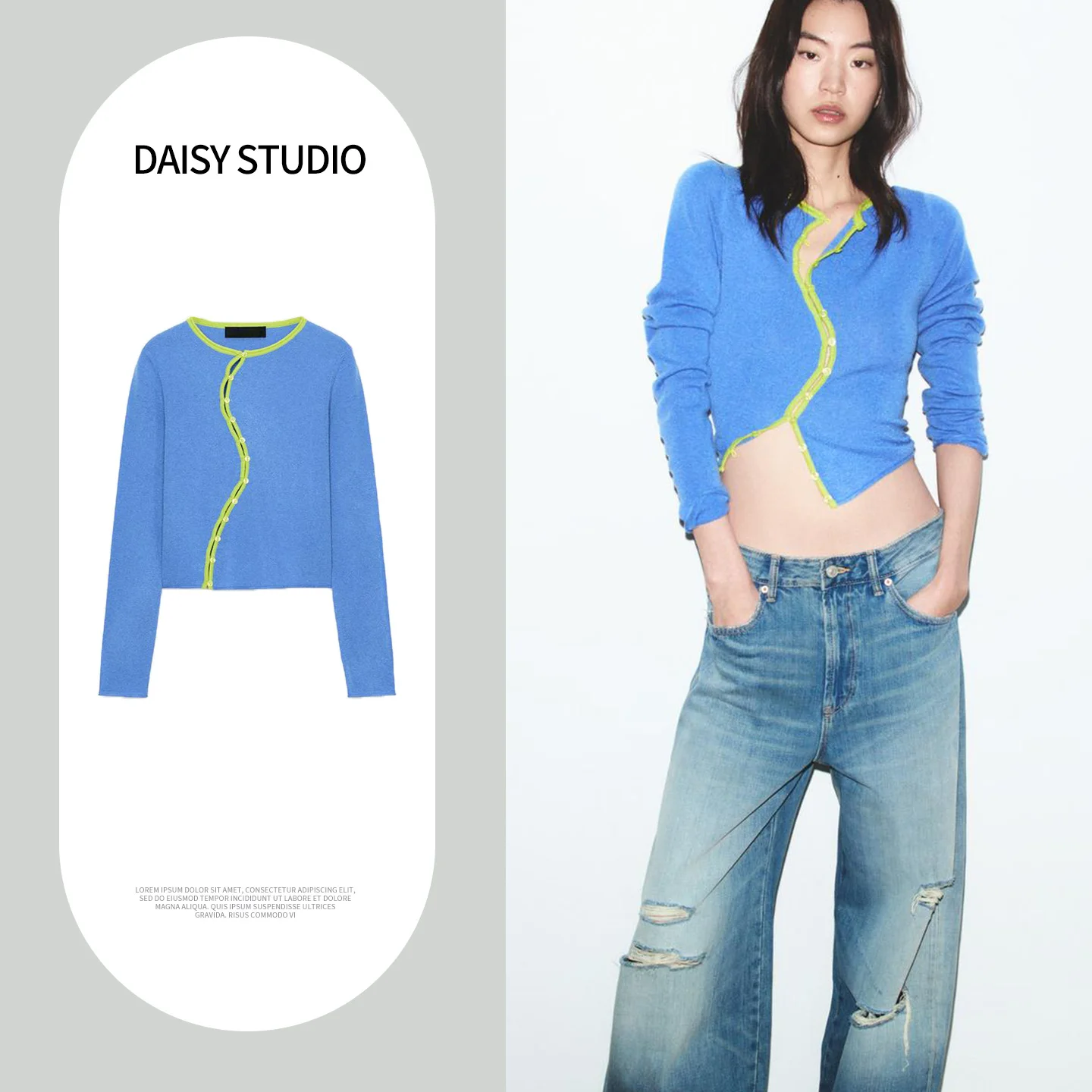 

Spring New Arrival Women's Loose Sle Long Sve round Ne Knitted Jaet Double Breasted Color Blo Polyester Fiber Card...