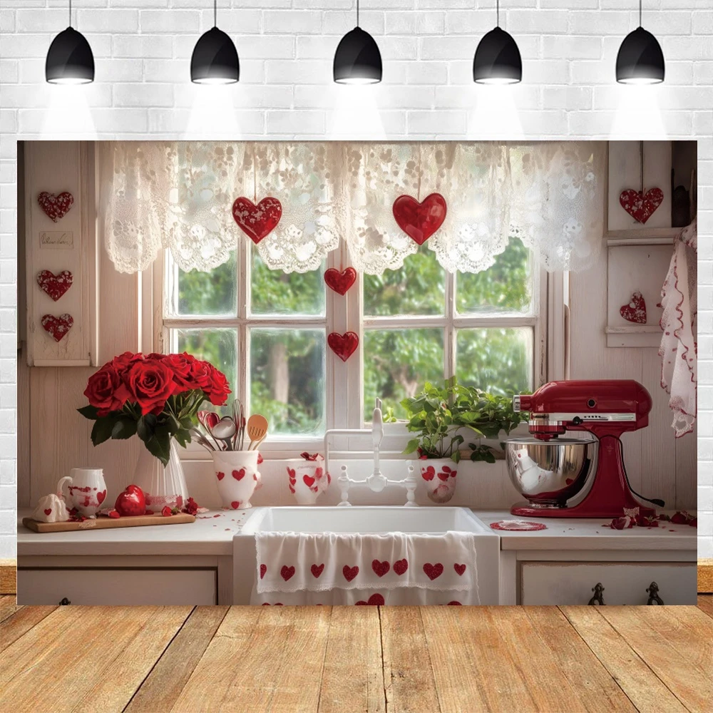 February 14th Valentine's Day Photography Backdrop Kitchen Cabinet Curtain Rose Love Heart Couple Portrait Photo Background Deco