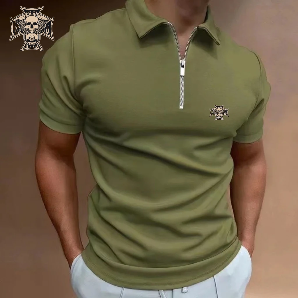 

2025 New Men's Summer Short Sleeve Flip Collar Half Zipper Polo Shirt Solid Color Bottom Street Casual T-shirt Fashion Printed L