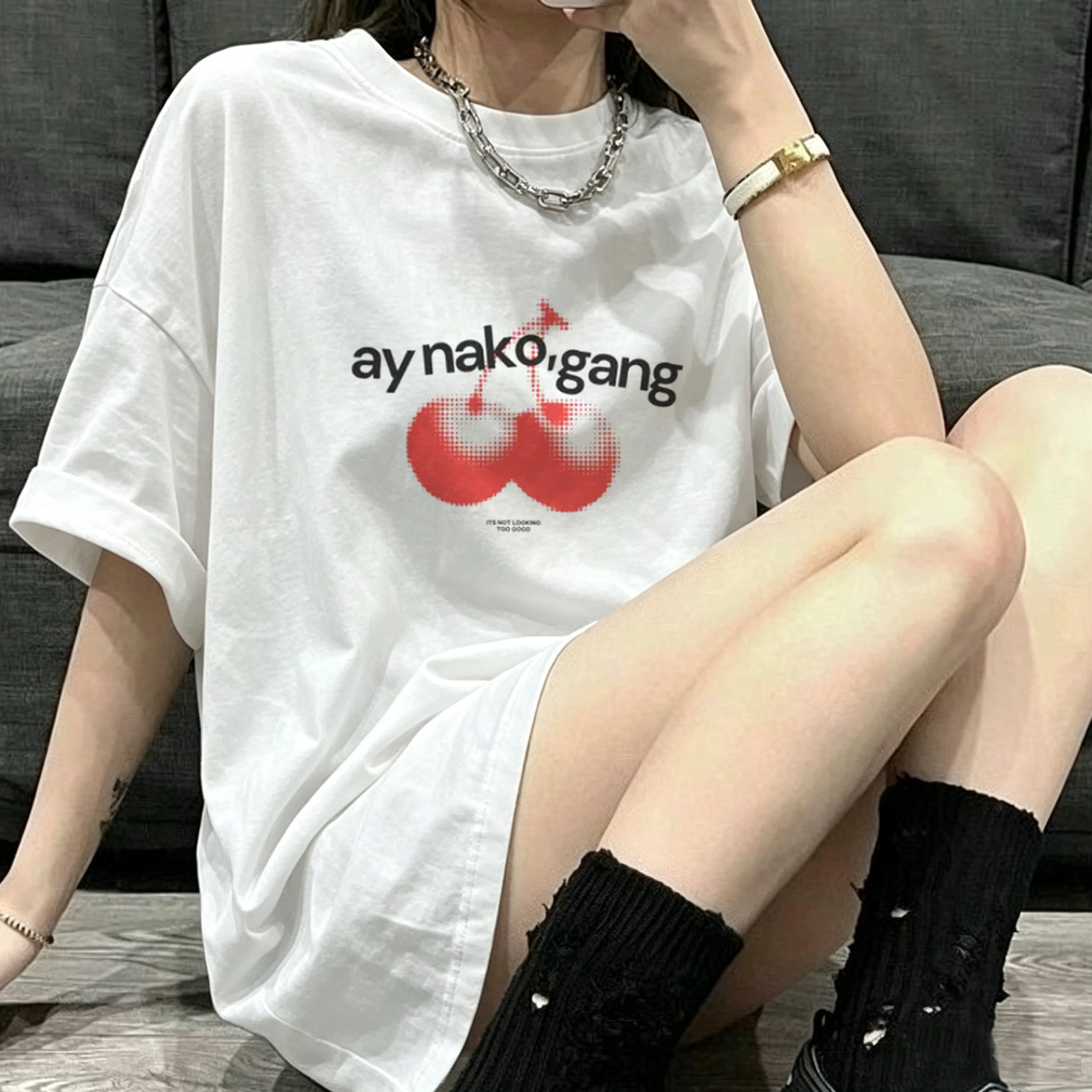 Summer Y2K Ay Nako Gang Cherry 2000s Vintage Cotton Short Sleeve T-shirt Men Women Harajuku Vintage Streetwear Casual Tee Tops