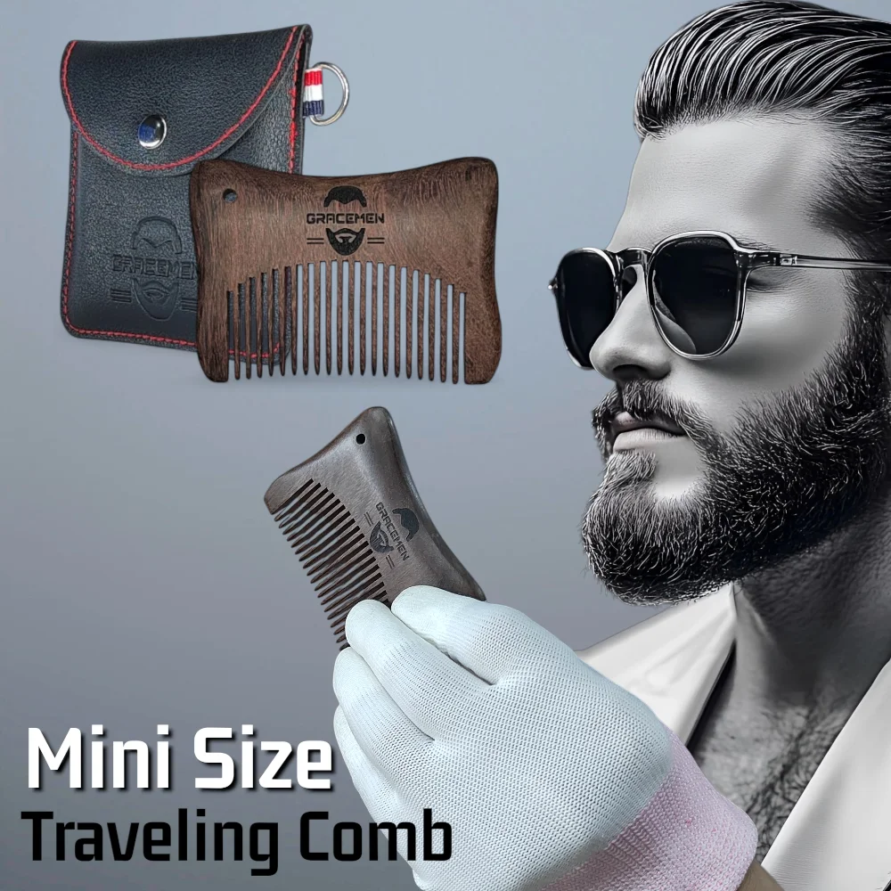Gracemen Mini Pocket Beard Comb with France Flag Leather Case Premium Natural Dark Sandalwood Comb For Hair Beard Mustache