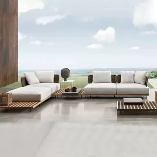 Outdoor Leisure Plaid Teak Sofa Combination Villa Garden Courtyard Outdoor Waterproof And Sunscreen Rattan Solid Wood Sofa