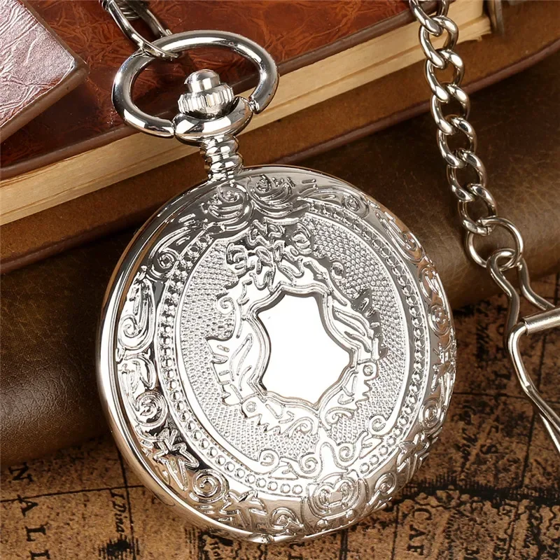 Silver Shield Case Hand Winding Mechanical Pocket Watch Skeleton Wind Up Arabic Number Watches Pendant FOB Chain Gift