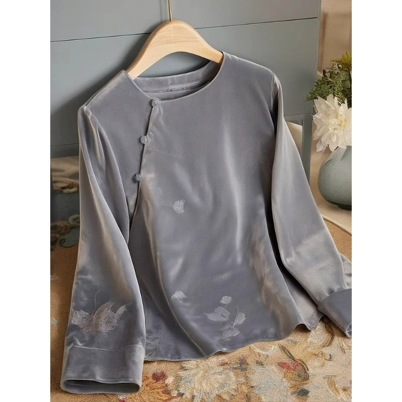 Women's New Stitched Round Neck Button Chinese Fashion Solid Color Versatile Casual Long Sleeve Top