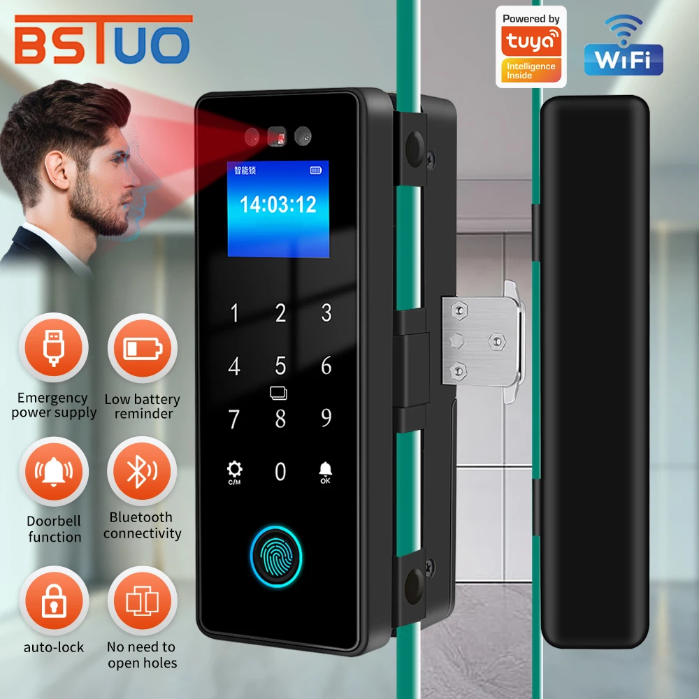 3D Face Support Tuya APP Wifi Electronic Glass Door Lock Biometric Fingerprint/RFID Card /Password Unlock/USB Emergency Charge