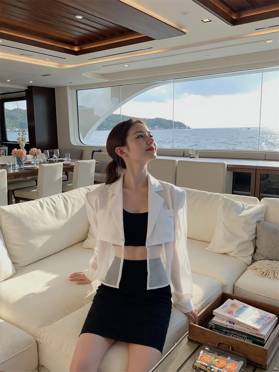 Blazer court transparent résistant au soleil avec fente au dos, vêtements élégants pour femmes, vêtements formels minimalistes, court enveloppant d'été, kaki