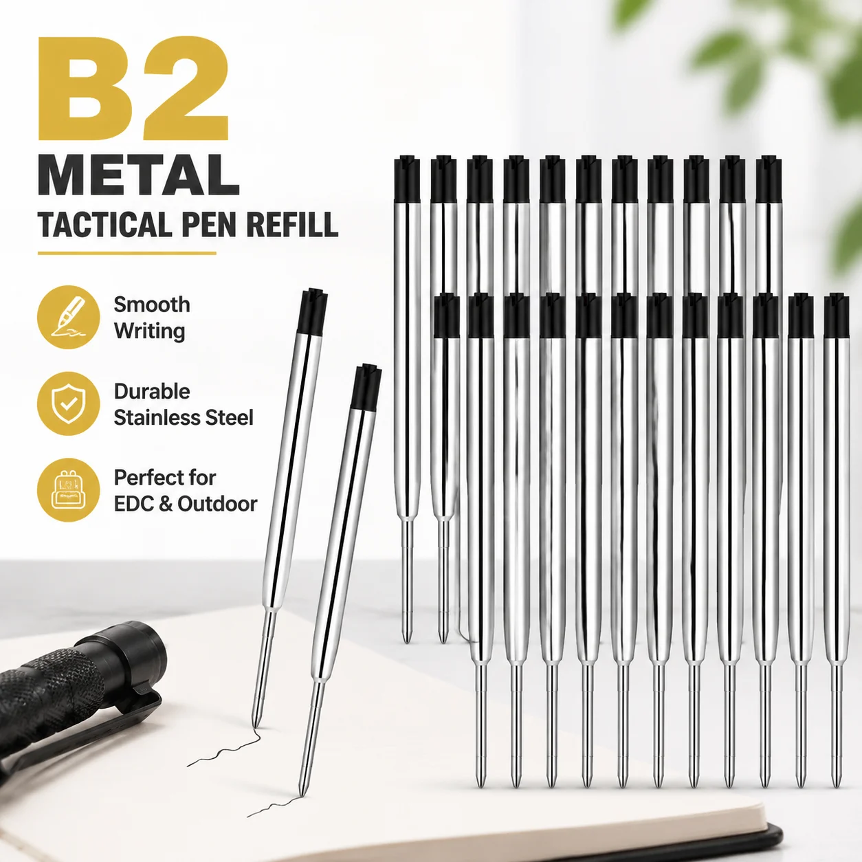 B2 Metal Tactical Pen Refill, Smooth Writing Ballpoint Replacement Core, Stainless Steel Ink Cartridge for Outdoor EDC Defense