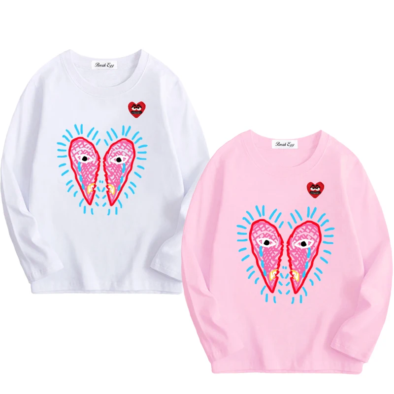 Broken Heart Printing Boy Girl T-shirt Cotton Cartoon Red Snag Heart Embroidery O-neck Long Sleeved Straight Summer T-shirt