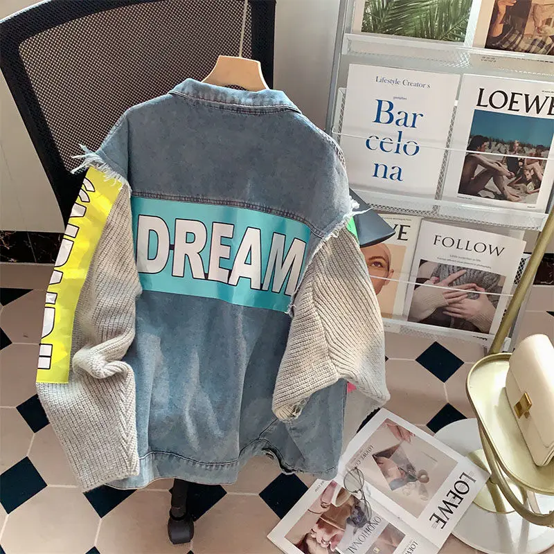 Pink Knitted Stitching Denim Jacket Women\'s Trendy Chic Autumn Winter Korean Version Loose Lazy Wind Casual Jean Outwear Female