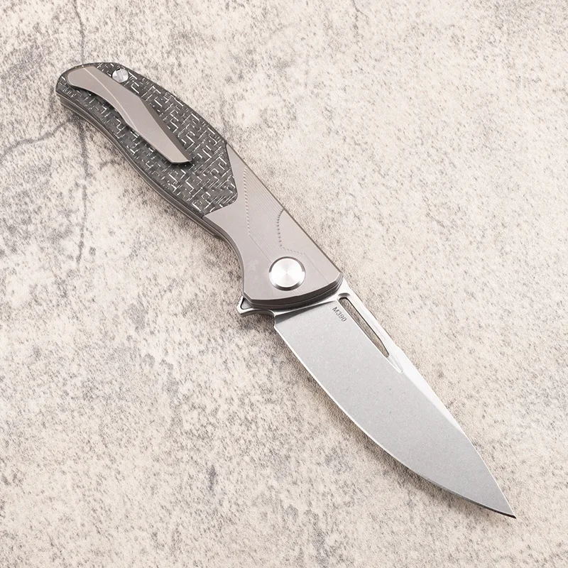 RHON M390 Powder Steel EDC Folding Knife Outdoor Camping Stone Wash Blade TC-4 Titanium with Carbon Fiber Handle Pocket Knives