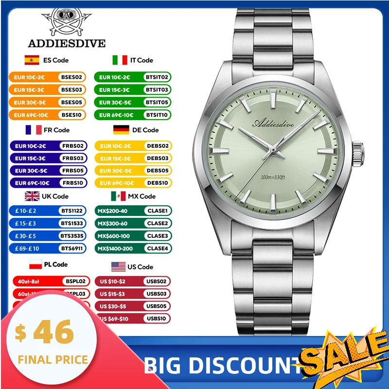 

ADDIESDIVE Hot AD2030 Men's Watch 36mm Bubble Mirror Glass VH31 Quartz Watches Luminous Waterproof Wristwatch Reloj Hombre
