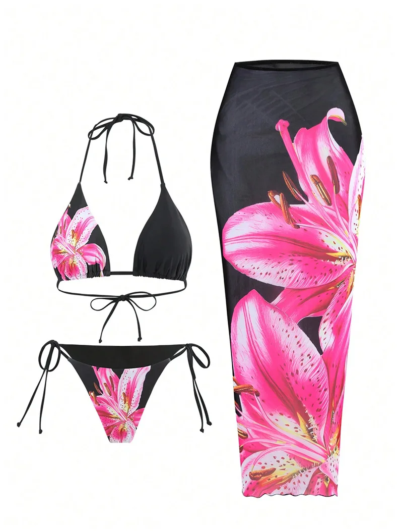 Nuevo bikini sexy estilo ins europeo y americano, vestido tropical estampado retro, traje de baño de tres piezas con cordones para playa