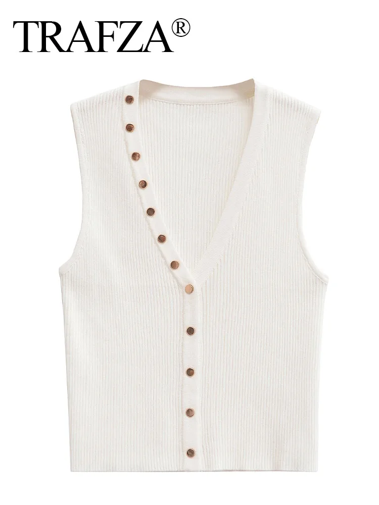 

TRAFZA Female Summer Elegant Vest Golden Buttons Solid V-Neck Sleeveless Single Breasted Sweater Tops Women's Knit Tops Mujer