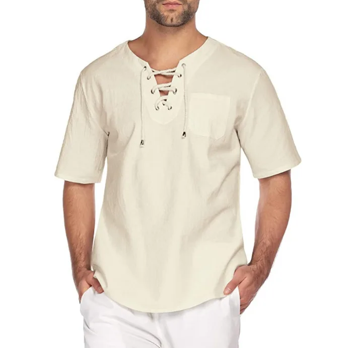 Europe and America Summer Casual Solid Color Cotton and Linen Lace Up Collar Short Sleeved T-Shirt Shirt for Men