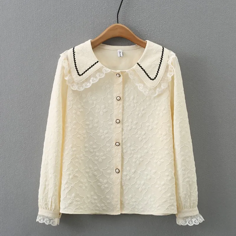 Fashion Lace Peter Pan Collar Shirt Women Plus Size Autumn Winter Casual Clothing Puff Sleeve Blouses Tops F33 66155