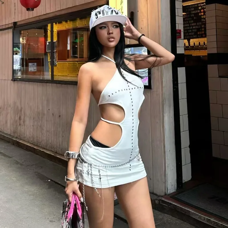 Robe irrégulière en dentelle pour femmes, design découpé, haut punk Y2K, personnalité, sexy, col licou, slim, tendance, jupe courte