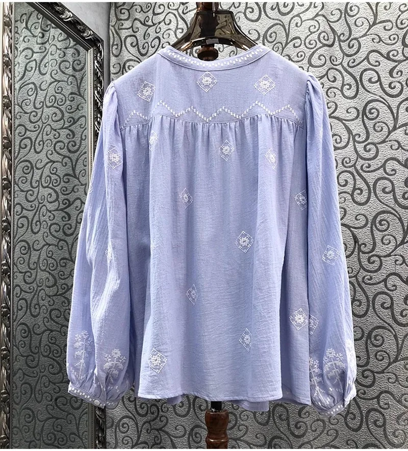 100%Cotton Shirts 2024 Autumn Style Women Floral Embroidery Long Sleeve Blue Shirts Ladies High Quality Loose Blouse Shirts