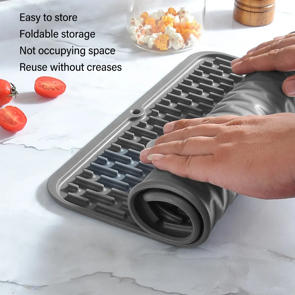 Silicone Dish Drying Mat Grey Heat Insulation Kitchen Counter Mat Easy to Clean Built in Drain Lip Drainer Mat Sink Area