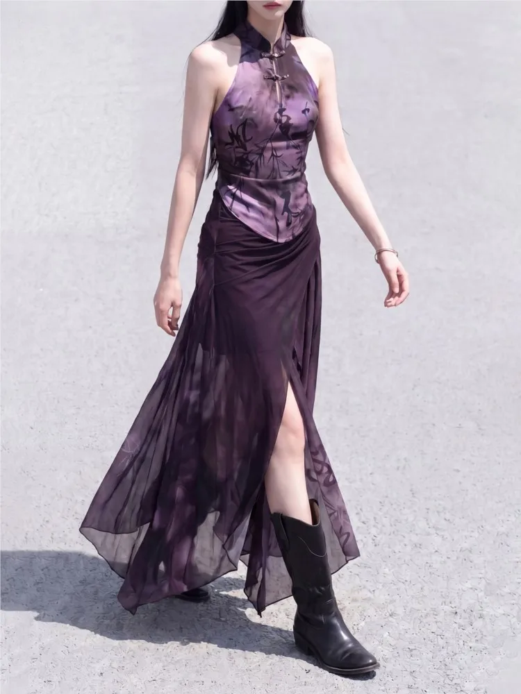 Rose-purple leaf off-the-shoulder top sleeveless stand-up collar new Chinese-style skirt versatile set