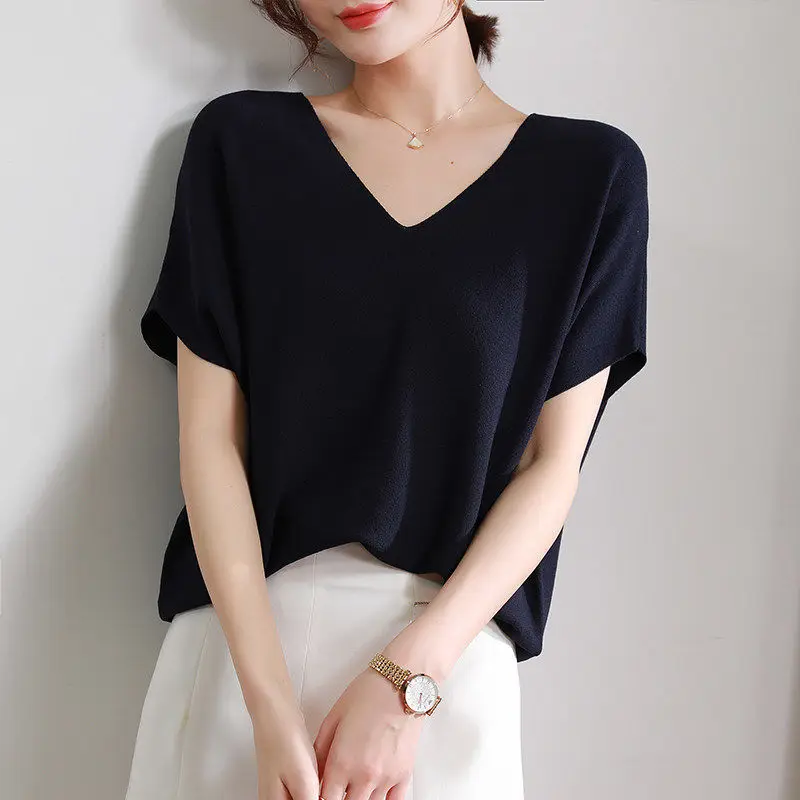 2023 Summer Solid Color Fashion Clothes Ladies V-neck Batwing Sleeve Pullover Tops Women Loose Elegant Knitting T-shirt