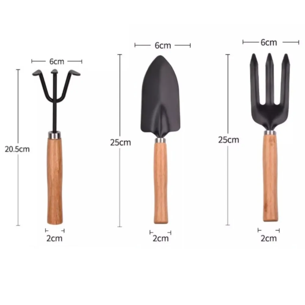 Compact 3 Piece Garden Tool Set with Trowel Fork and Rake for Small Potted Plants Herb Gardens and Flower Bed Projects