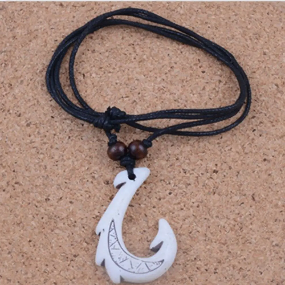 Wax Cotton Cord Beaded Maori White Tribal Fish Hook Handmade Pendant Necklace DIY Jewelry