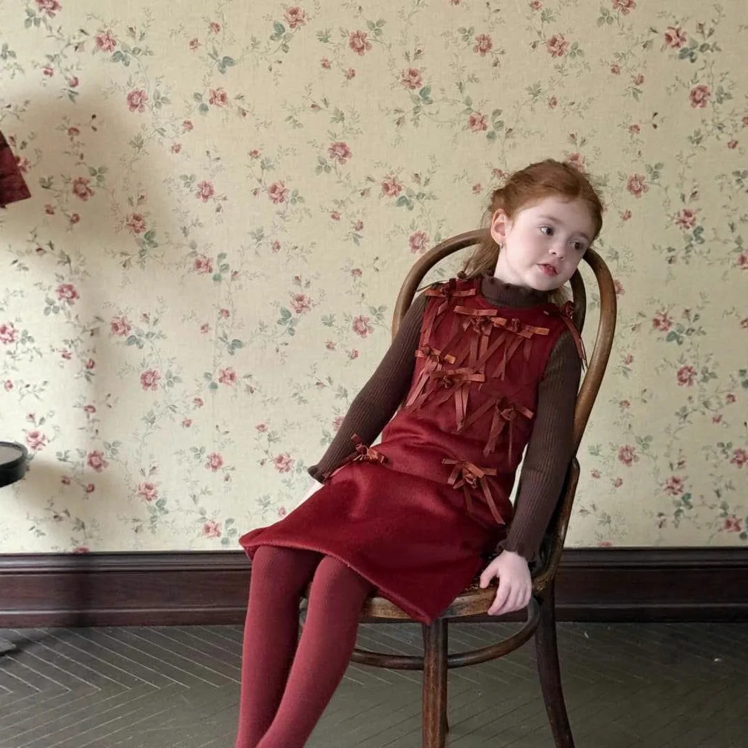 2025 خريف شتاء جديد الكورية الفتيات الصوفية القوس سترة تنورة الفتيات المخملية ملابس السنة الجديدة فستان