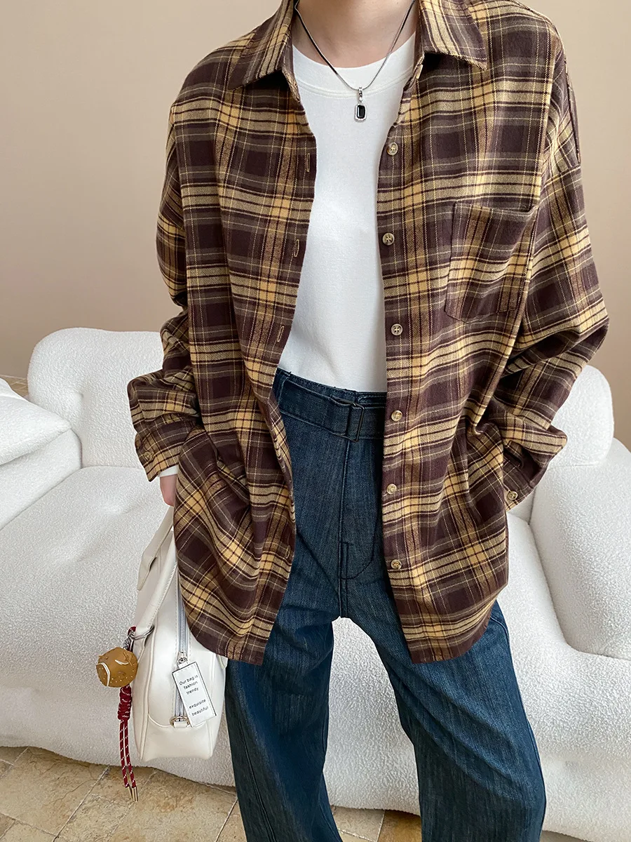 

Lazy style contrasting color plaid loose casual off shoulder sleeve shirt