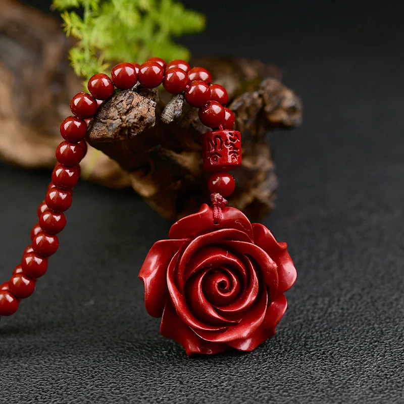 Fashion Cinnabar Jade Rose Flower Pendant 108 Beads Necklace Jewellery Chinese Healing Women Man Luck Gift Sweater Chain