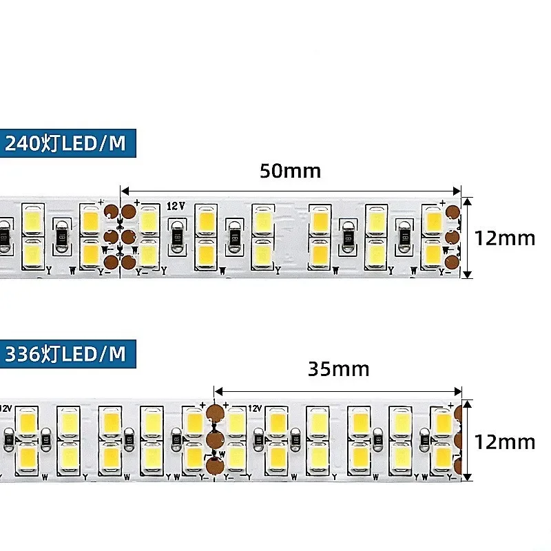 Dwurzędowa taśma LED SMD2835 CCT Podwójna biała + ciepła biała taśma LED DC 12V 24V 12mm PCB 240leds/m 336leds/m Elastyczna taśma linowa 5M