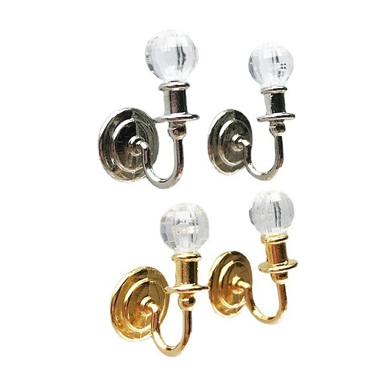 1쌍 1:12 인형집 미니 실버/골드 크리스탈 벽등 합금 모델 플레이하우스 침실 거실 장식 소품