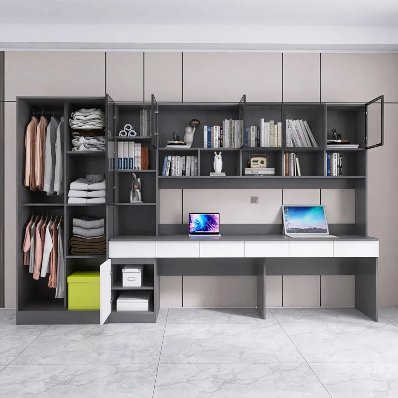 Double computer desk with cabinet, children's extended study table, bookshelf combination, household with wardrobe